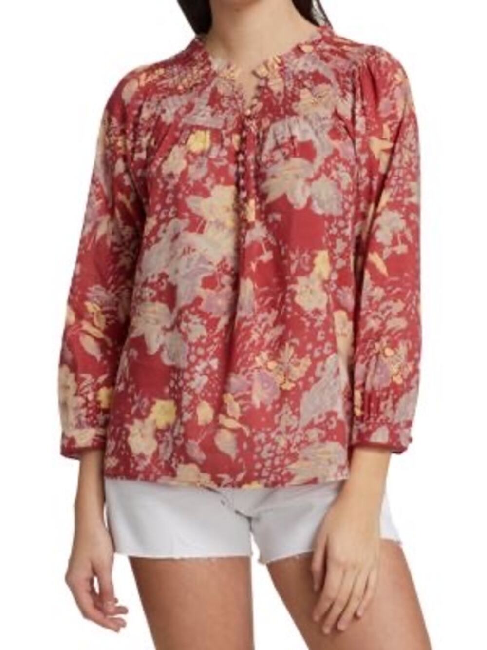Paige Jaylee Smocked Floral Top with Covered Buttons In Red Multi S EUC